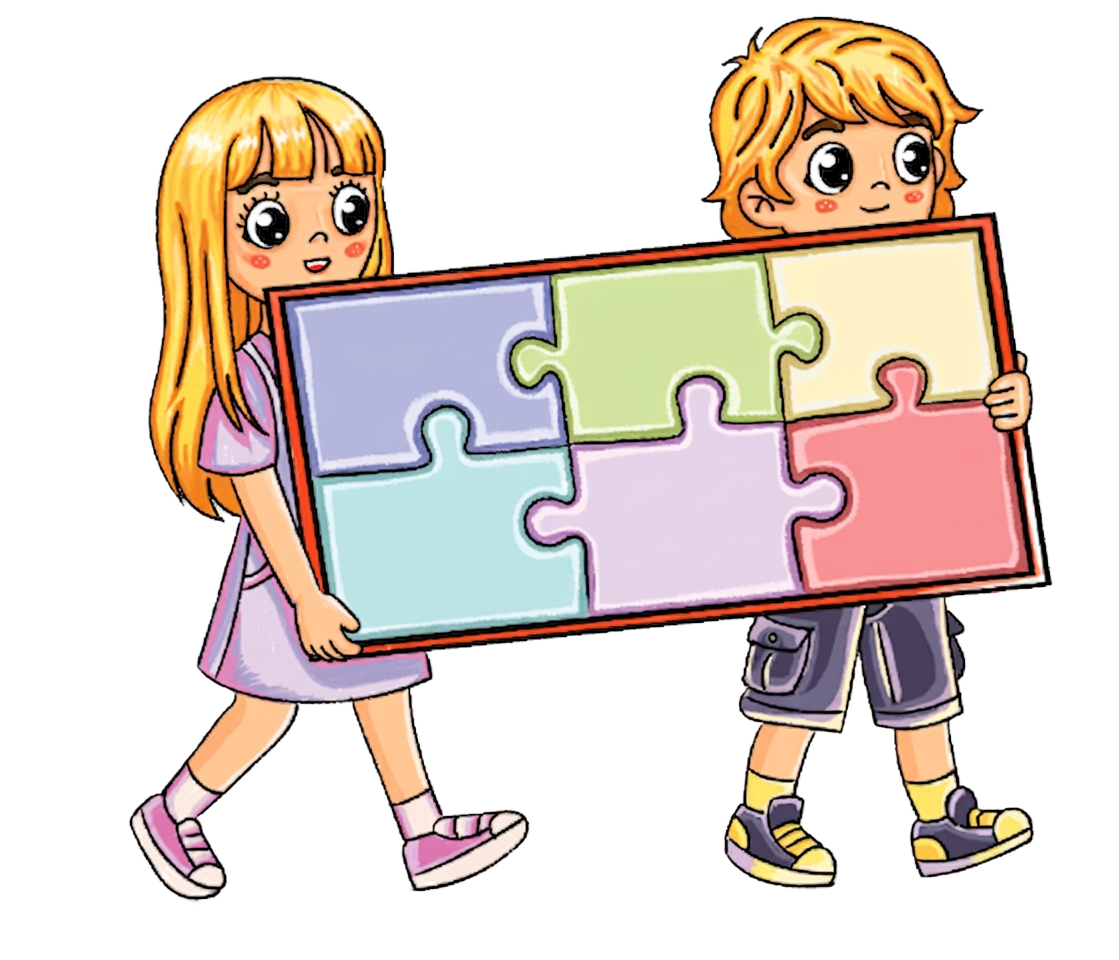 Kids holding puzzle with Contact, Blogs and Events