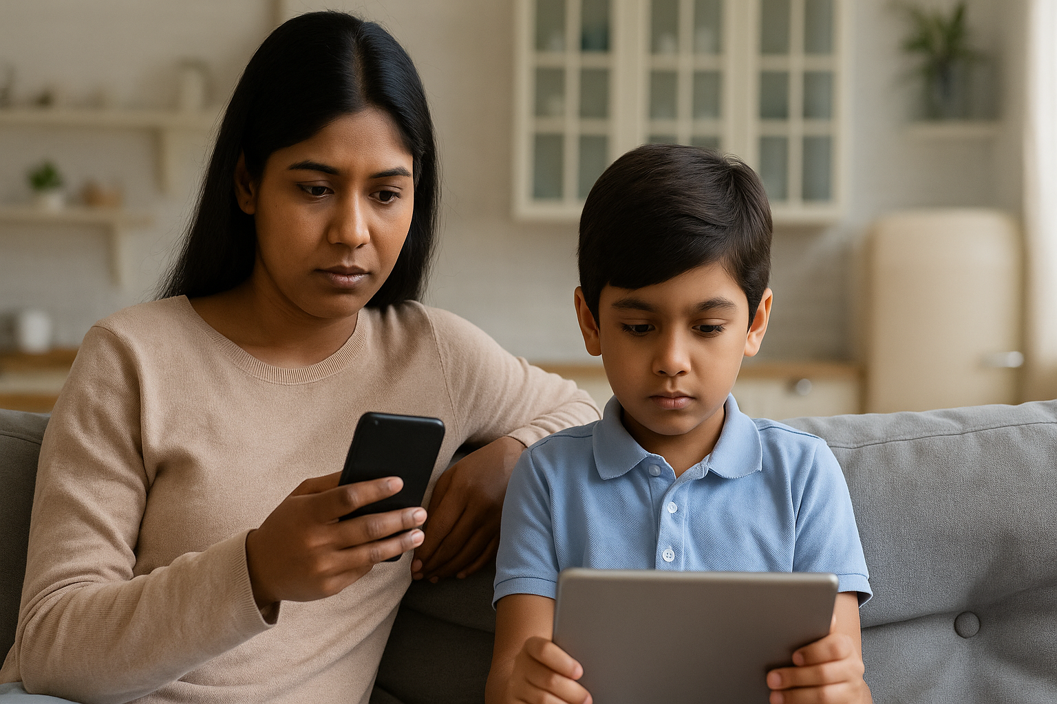 An Indian mother and her young son sitting on a sofa, using a smartphone and tablet for digital activities at home.