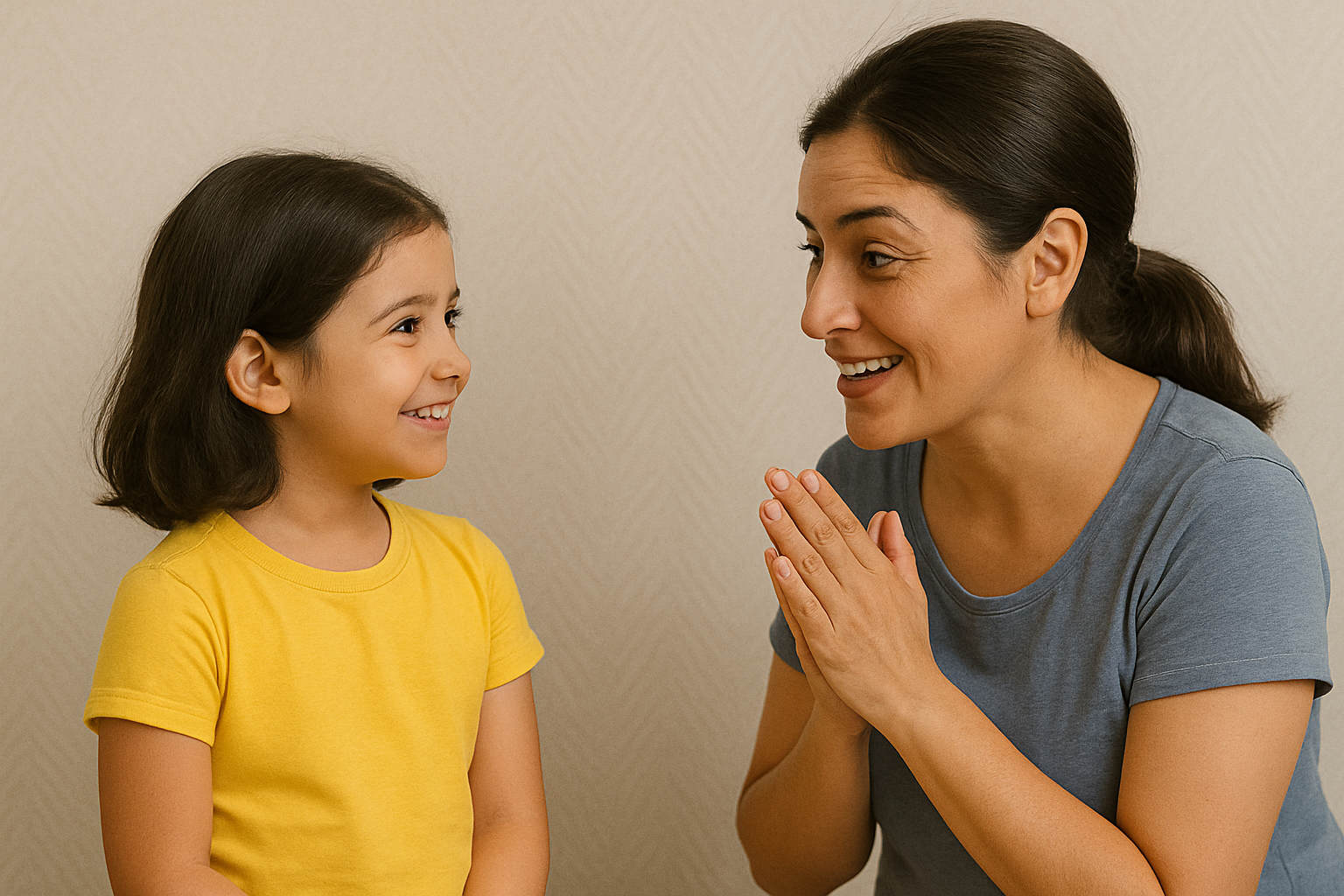 A smiling woman, hands clasped together, sharing positive affirmations with a young girl in a yellow shirt who smiles back warmly.