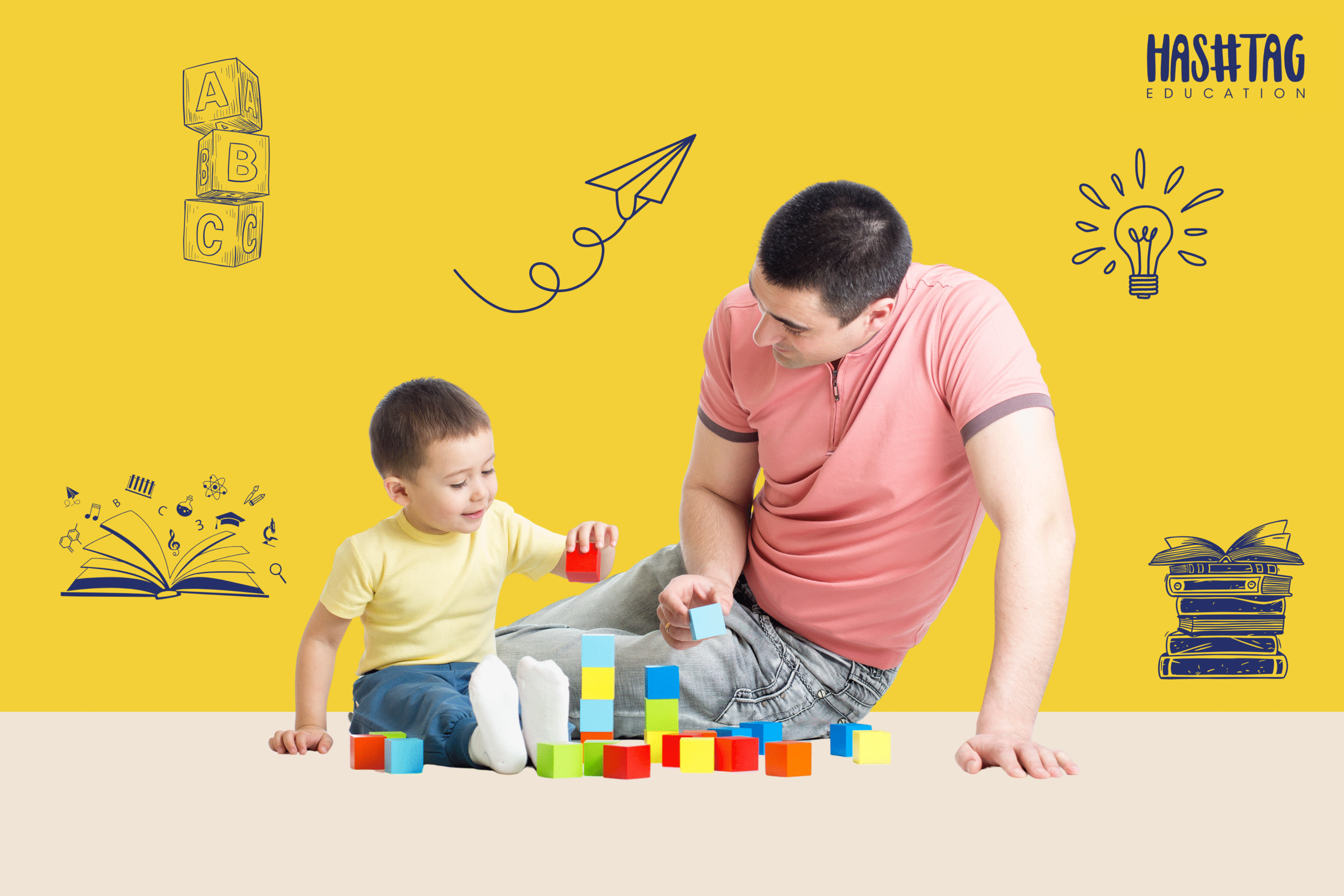 A father and playing with your child with colorful blocks against a yellow background with educational doodles.