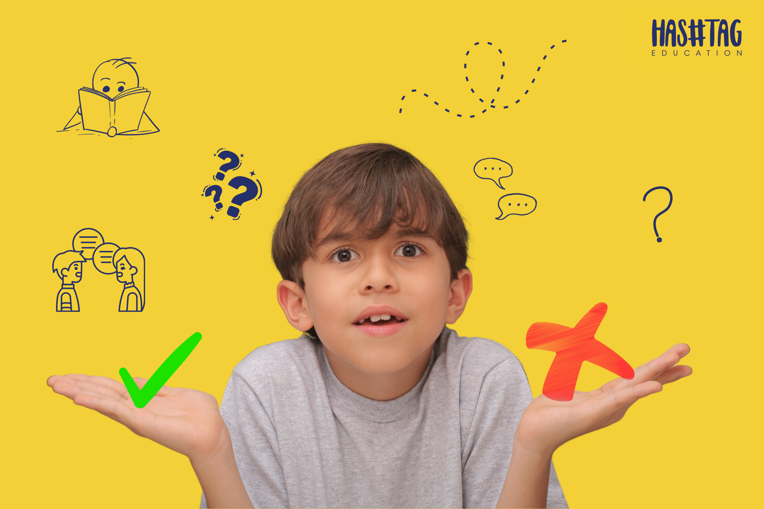 Child holding a check and cross, surrounded by Language-related icons like speech bubbles, conversation, reading, and question marks on a yellow background.