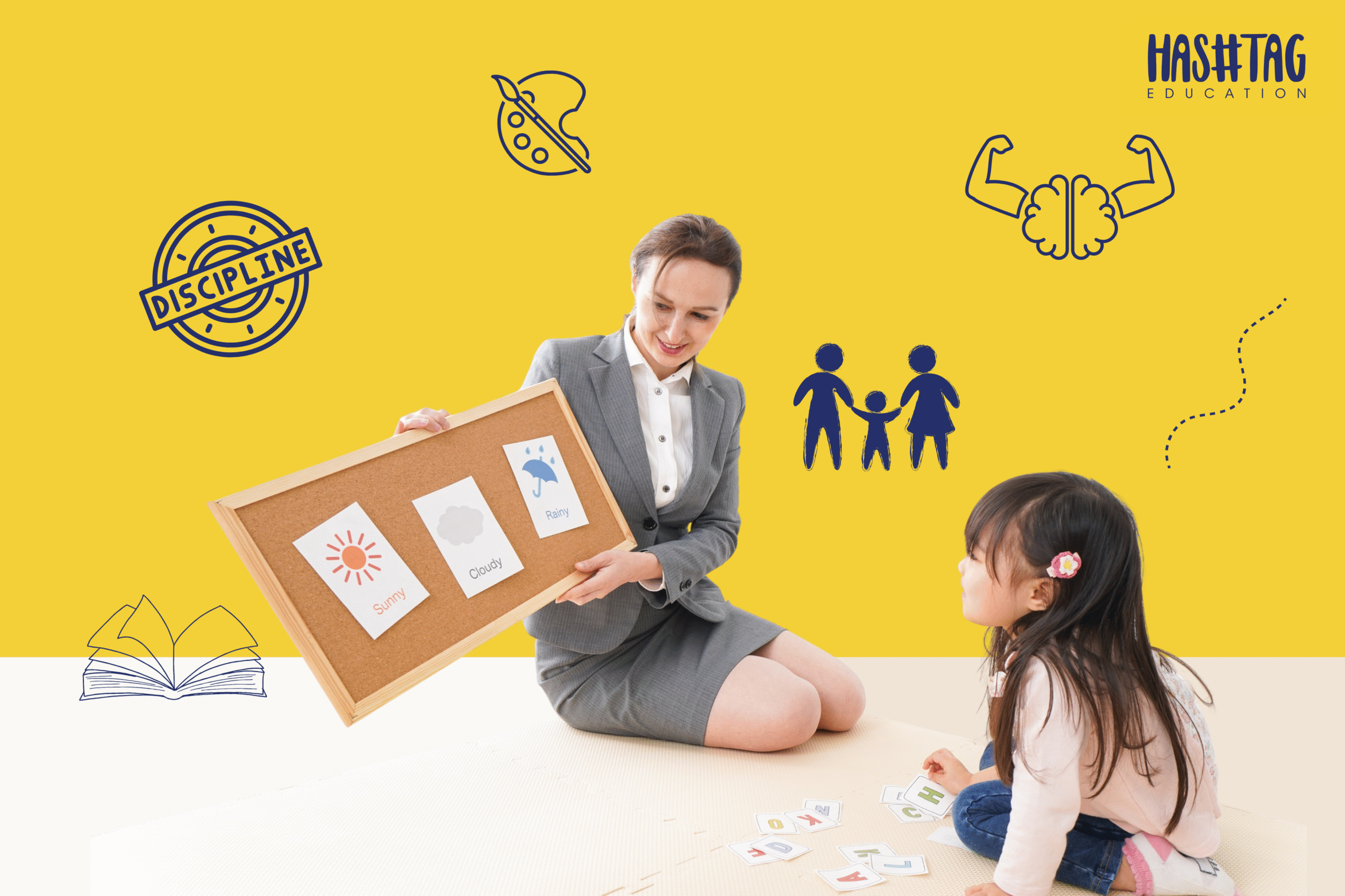 Teacher showing weather flashcards to a child, symbolizing Conscious Parenting and guided learning.
