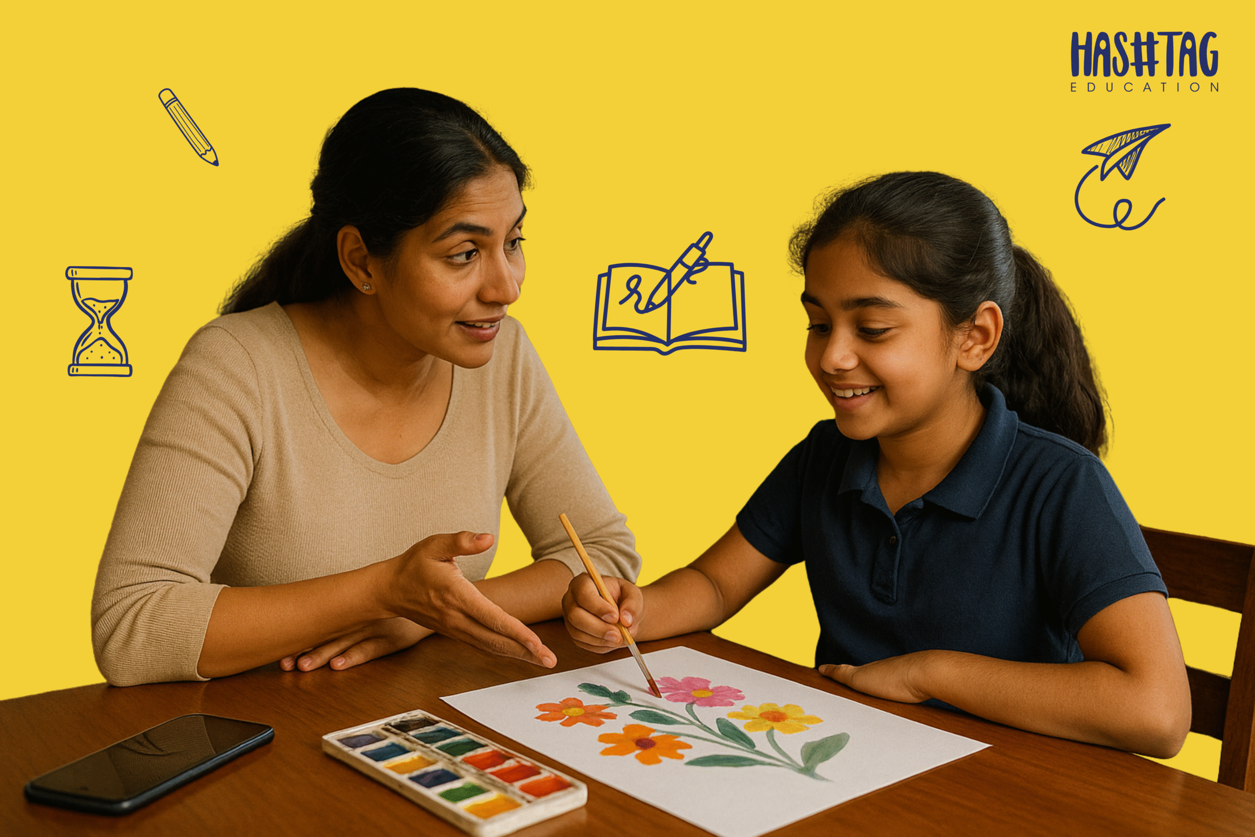 A mother encouraging her daughter as she paints a colorful flower artwork at home, modeling supportive communication that helps raise confident children.