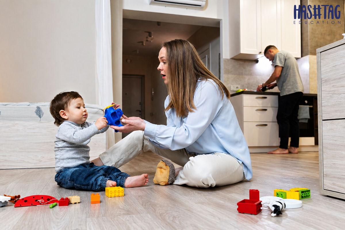 how to teach 2 year old at home without pressure India parent gently teaching toddler through play