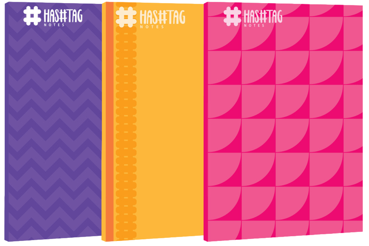 3 Gorgeous Notebooks Hashtag Color Series combo in purple, yellow, and pink with premium textured covers