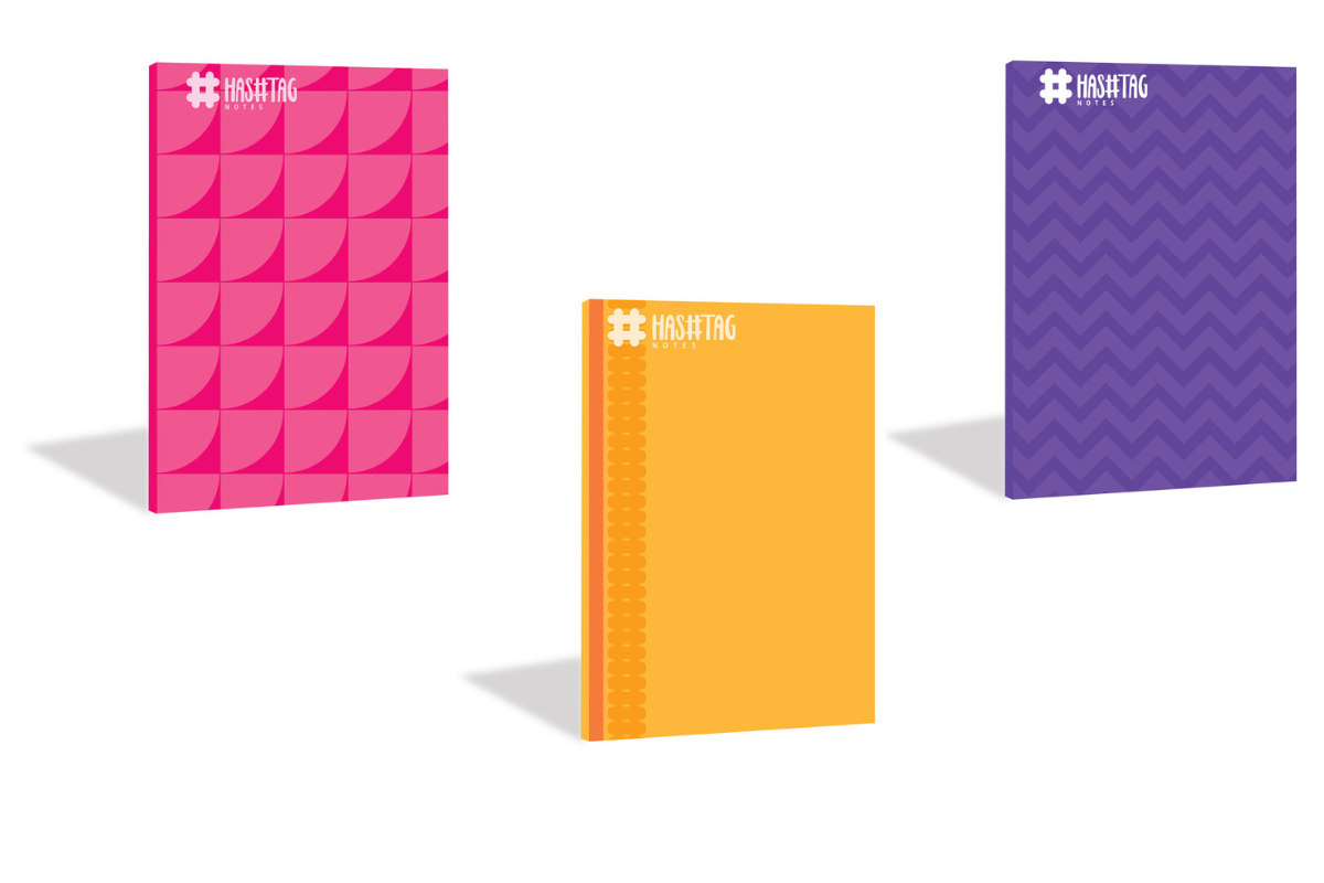 3 Gorgeous Notebooks Hashtag Color Series combo in purple, yellow, and pink with premium textured covers