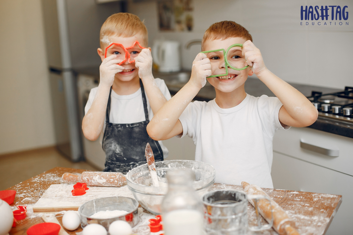 Kitchen Activities for Toddlers child helping parent in kitchen counting and pouring ingredients