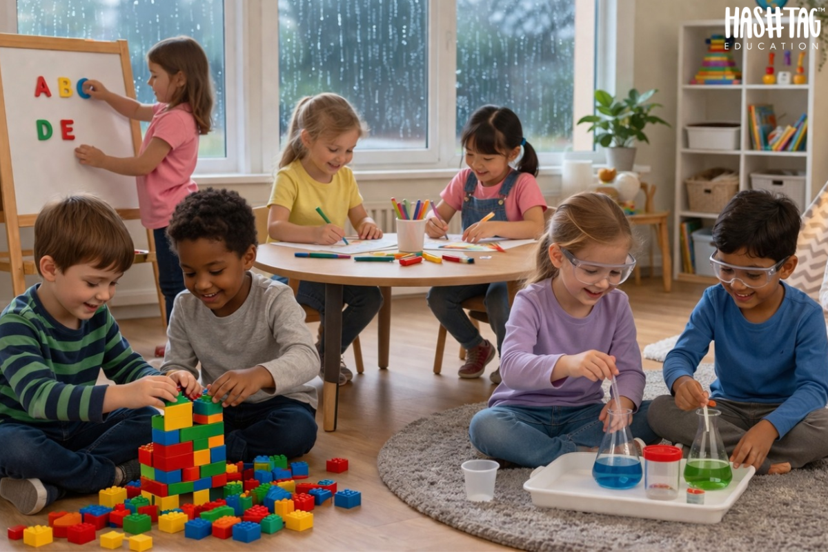 Rainy day activities and preschoolers indoor games with kids playing indoor learning games at home