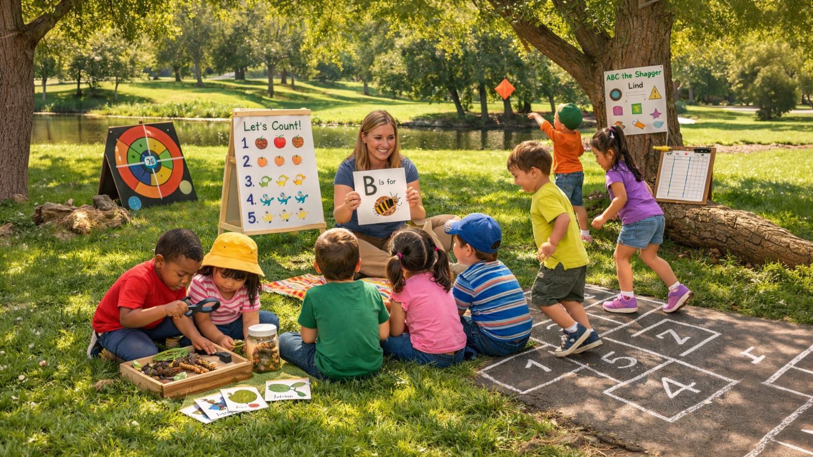 Outdoor Learning Games for Preschoolers playing in park while learning maths, language, and science skills