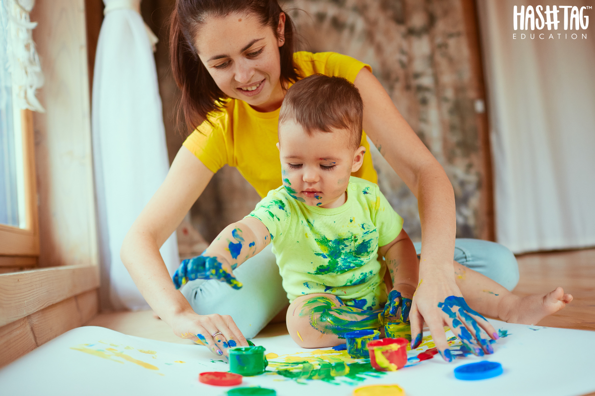 Early learning activities for babies and toddlers with parent doing sensory play and language activities at home