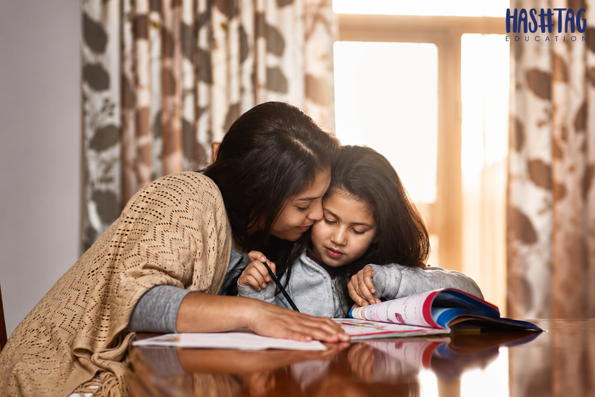 Nursery admission preparation India with parent helping preschool child during school readiness activities at home